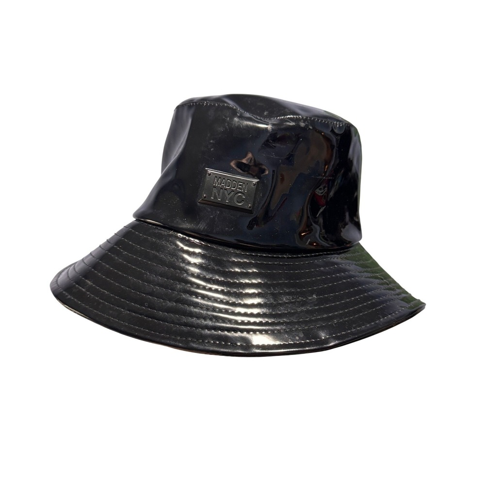 Madden NYC Black Patent Faux Leather Bucket Hat Glossy Logo Plaque Streetwear